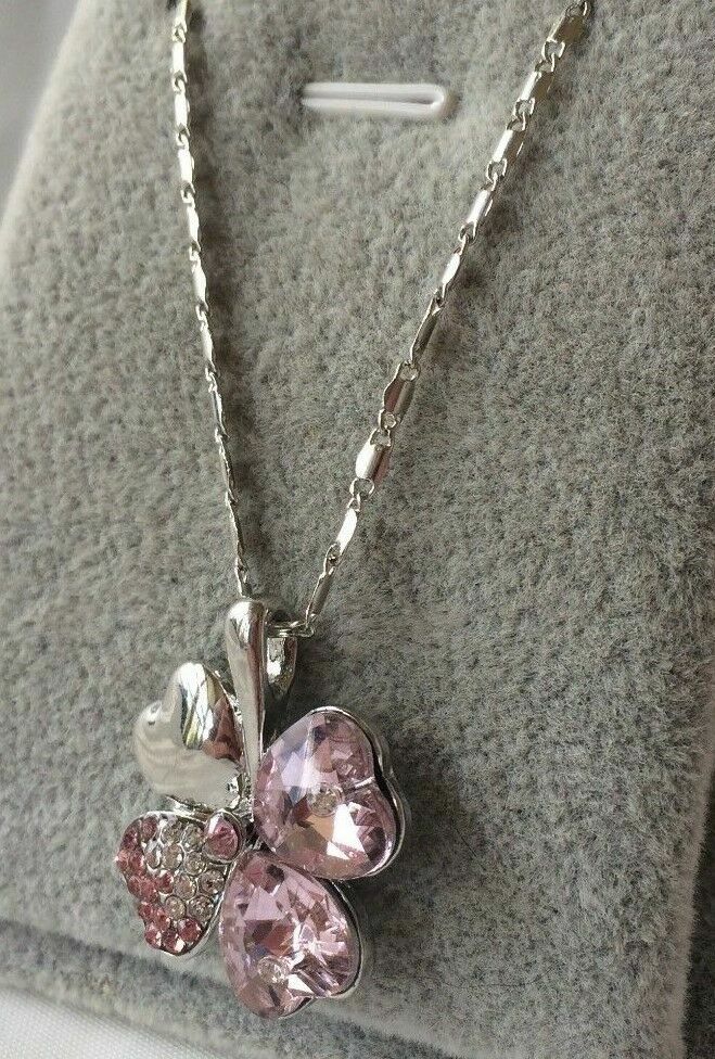 Silver Plated Pink Crystal Heart Clover Necklace