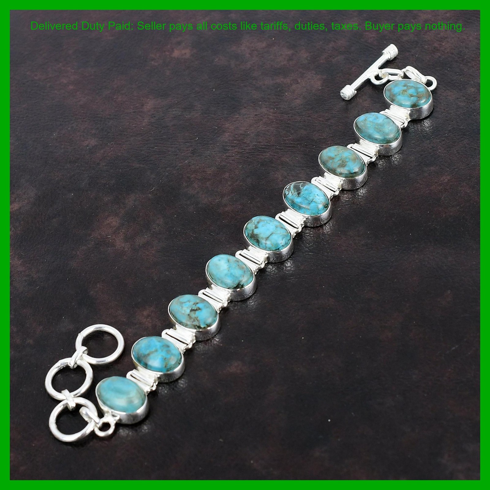 Sterling Silver Oval Tibetan Turquoise Stone Artisan New Chain Bracelet Jewelry