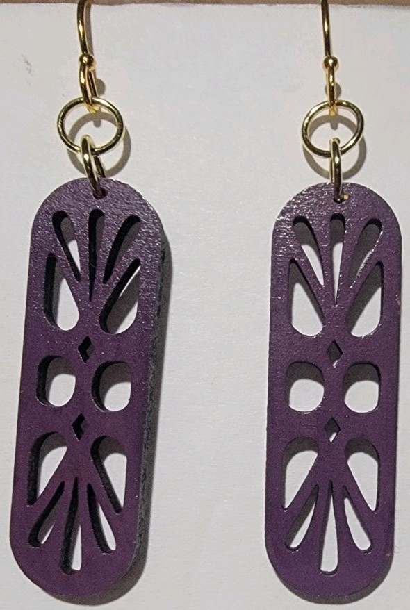 Purple Wooden Rectangle Cutout Dangle/Drop Hook Earrings, No Stone