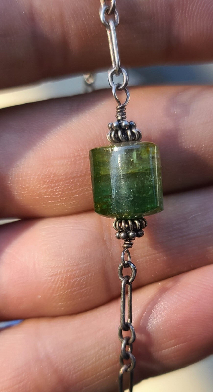 Vintage Sterling 925 Solid Silver Flourite Pendant Chain 17.75″ Necklace 3mm W