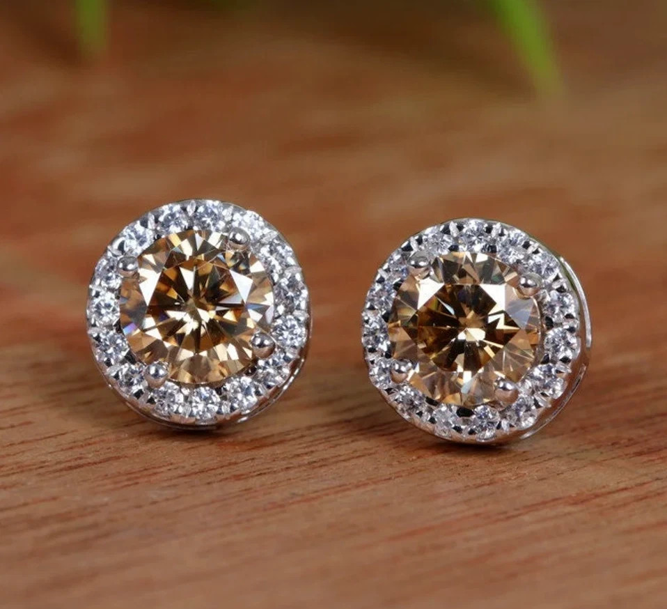 Rare 4.00 Ct Certified Champagne Diamond Stud Earrings with Accents, 925 Silver
