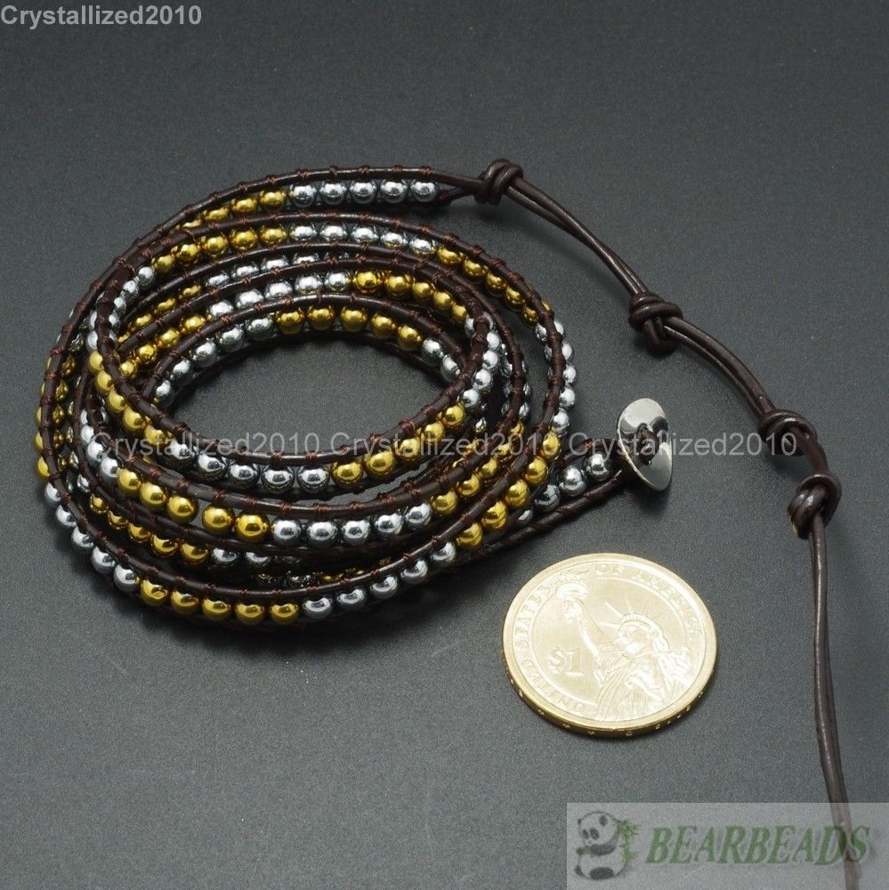 Hot Colorful Handmade Mixed Crystal Gemstones Beads Wrap Leather Bracelet 5 Wrap
