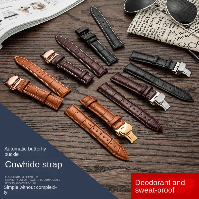 Premium Genuine Leather Watch Strap Butterfly Buckle Crocodile Grain Band12-24mm