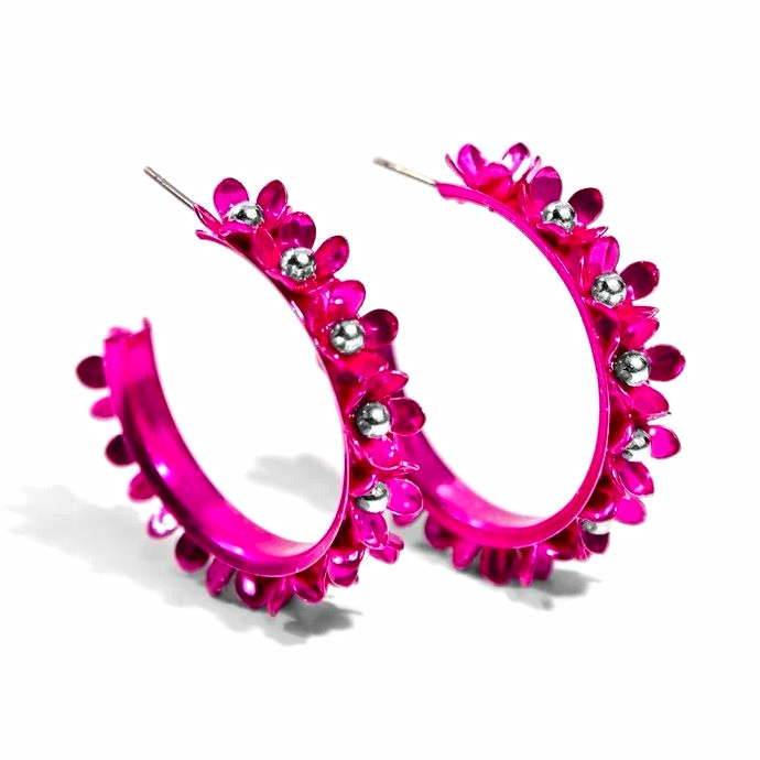 Fashionable Flower Crown – Pink Hoop Earrings.