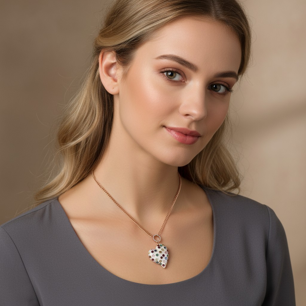 Betsey Johnson Multi-Colored Stone Lucite Heart Pendant Necklace Long Length