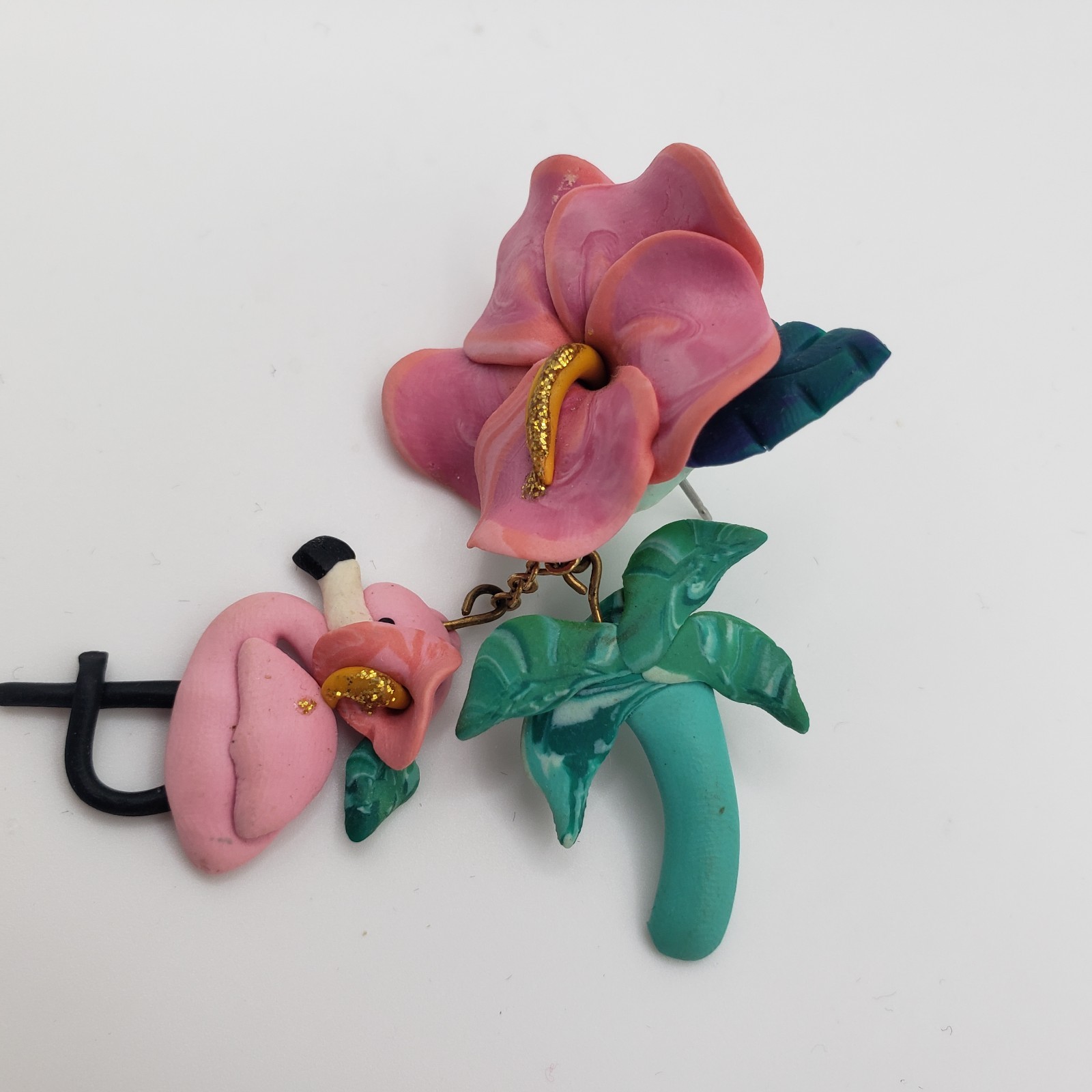 VTG Handcrafted Polymer Clay Pink Flamingo Hibiscus Palm Tree Dangle Earrings