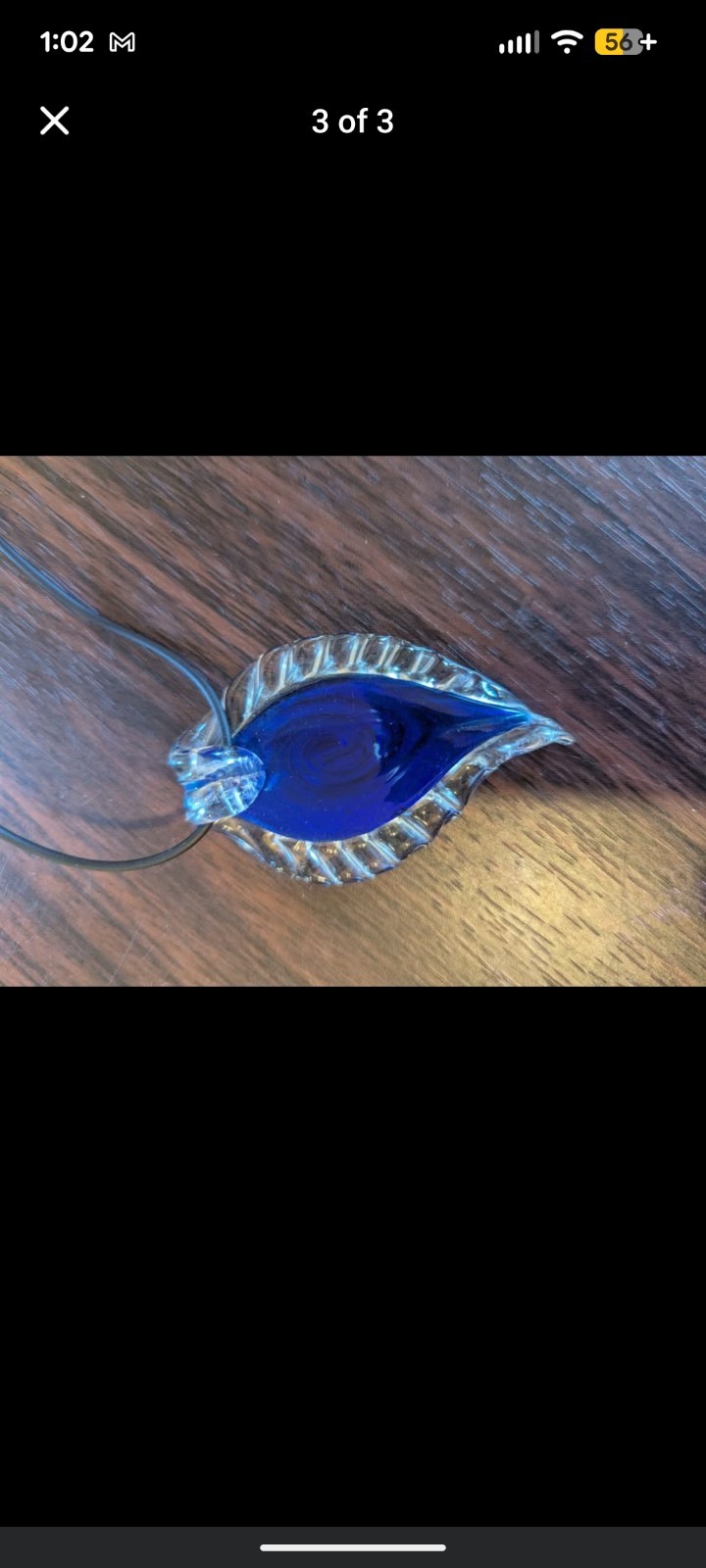 Blue/Gold Glass Leaf-Shaped Charm Pendant Cord Necklace, Lobster Closure