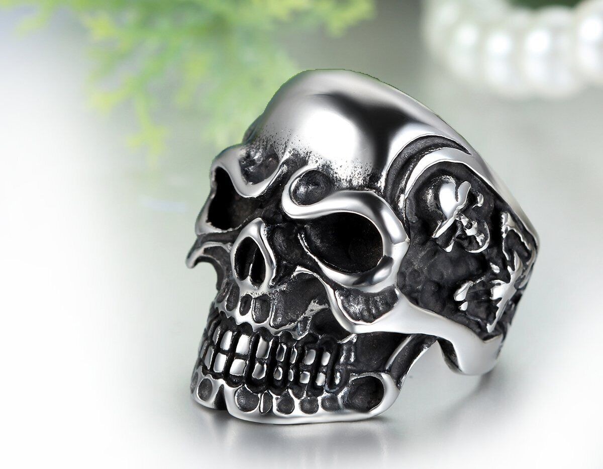 Men’s Punk Gothic Biker Skeleton Skull Playing Card Ring Stainless Steel Band US