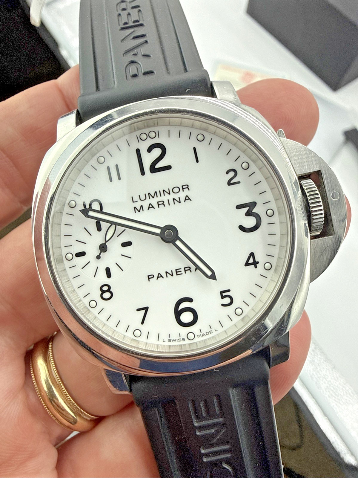 PANERAI 44MM Luminor MARINA PAM00113 OP6567 Box Papers WHITE DIAL Blk Rubber Bnd