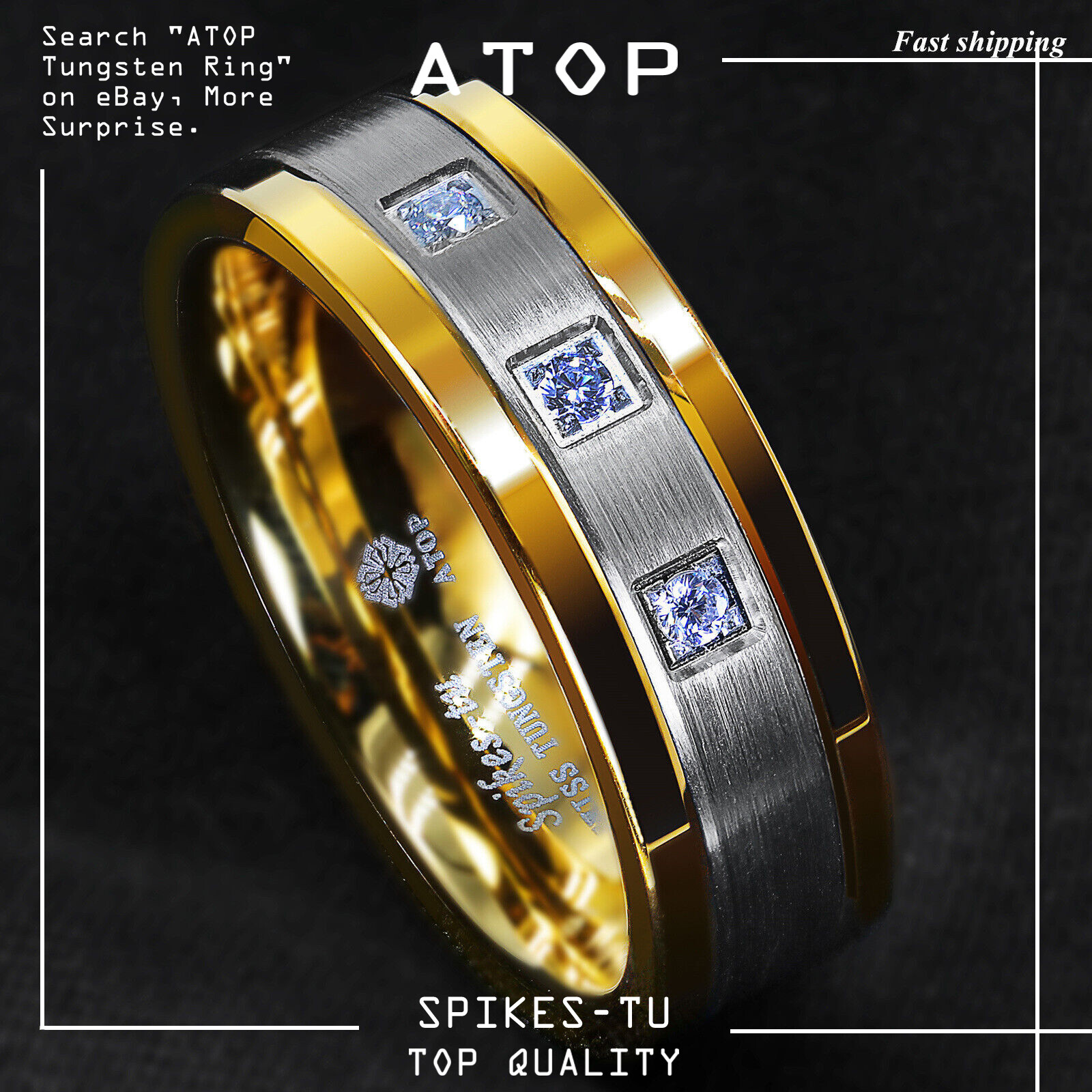 8mm Plated Metal Tungsten Ring Brushed Cubic Zirconia ATOP Men Wedding Band