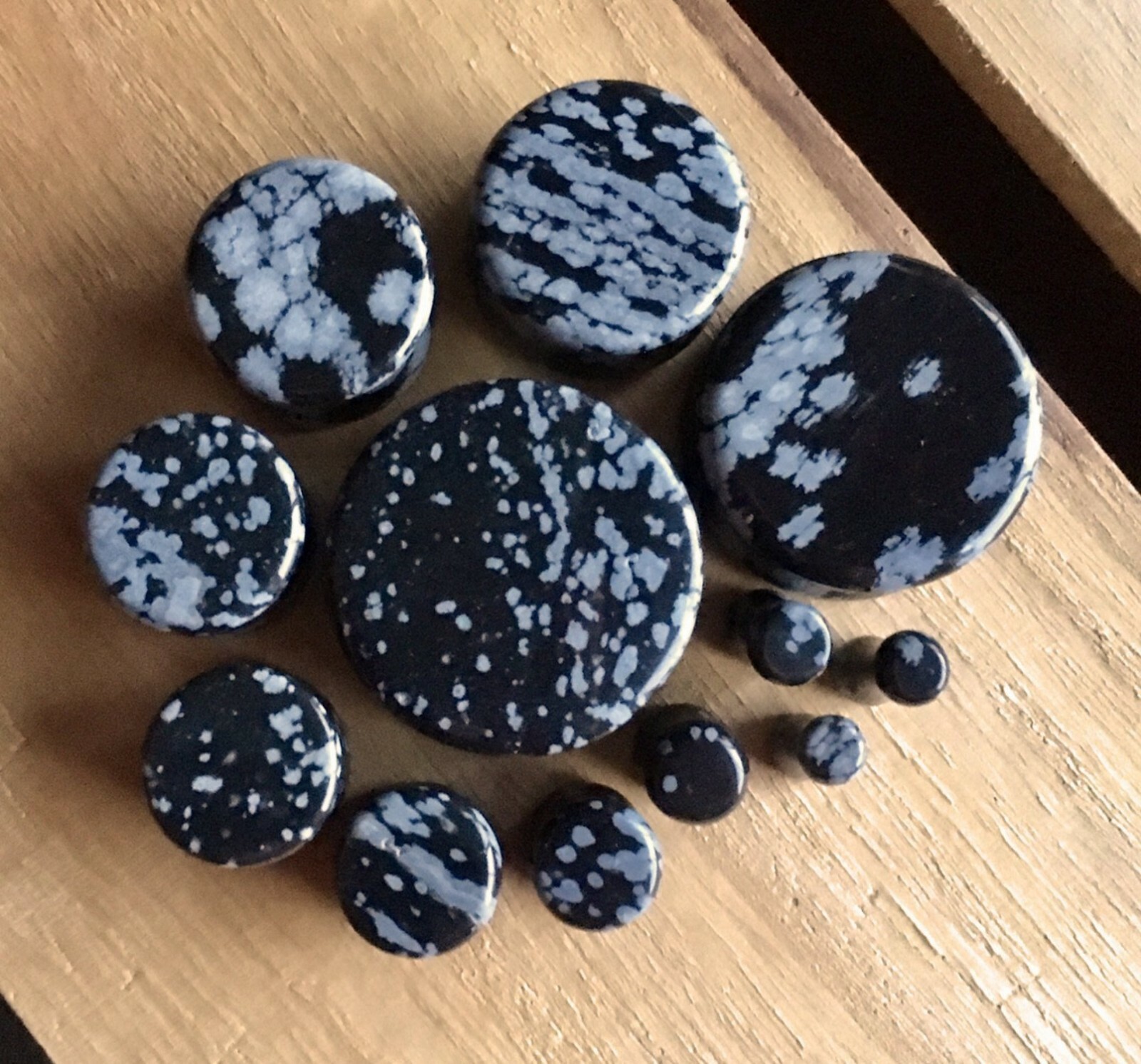 PAIR Snowflake Obsidian Stone Plugs Gauges – 3mm (8g) to 25mm (1.5″) available!