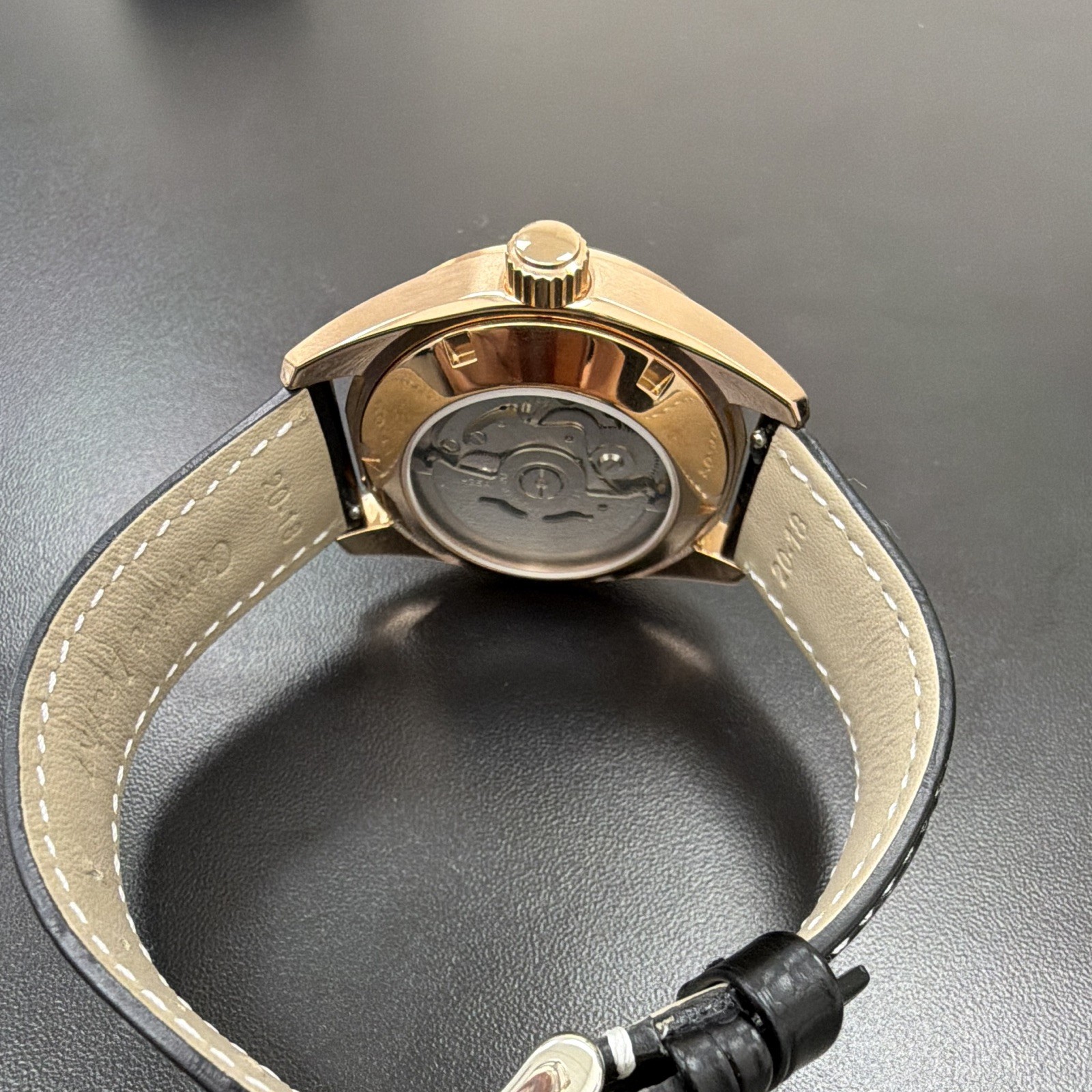 Men’s Automatic Wristwatch Rose Gold Tone White Dial Date Black Leather Strap