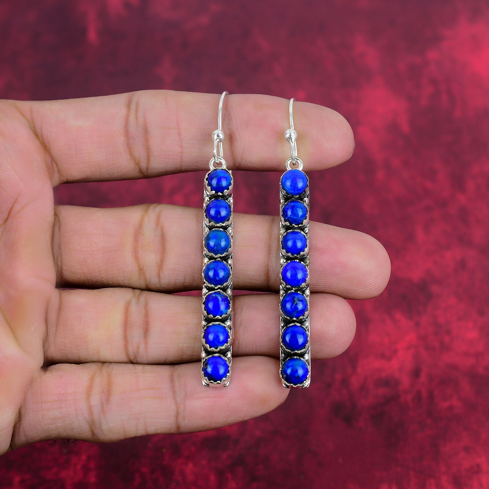 Lapis Lazuli Gemstone Handmade 925 Sterling Silver Designer Earrings Jewelry