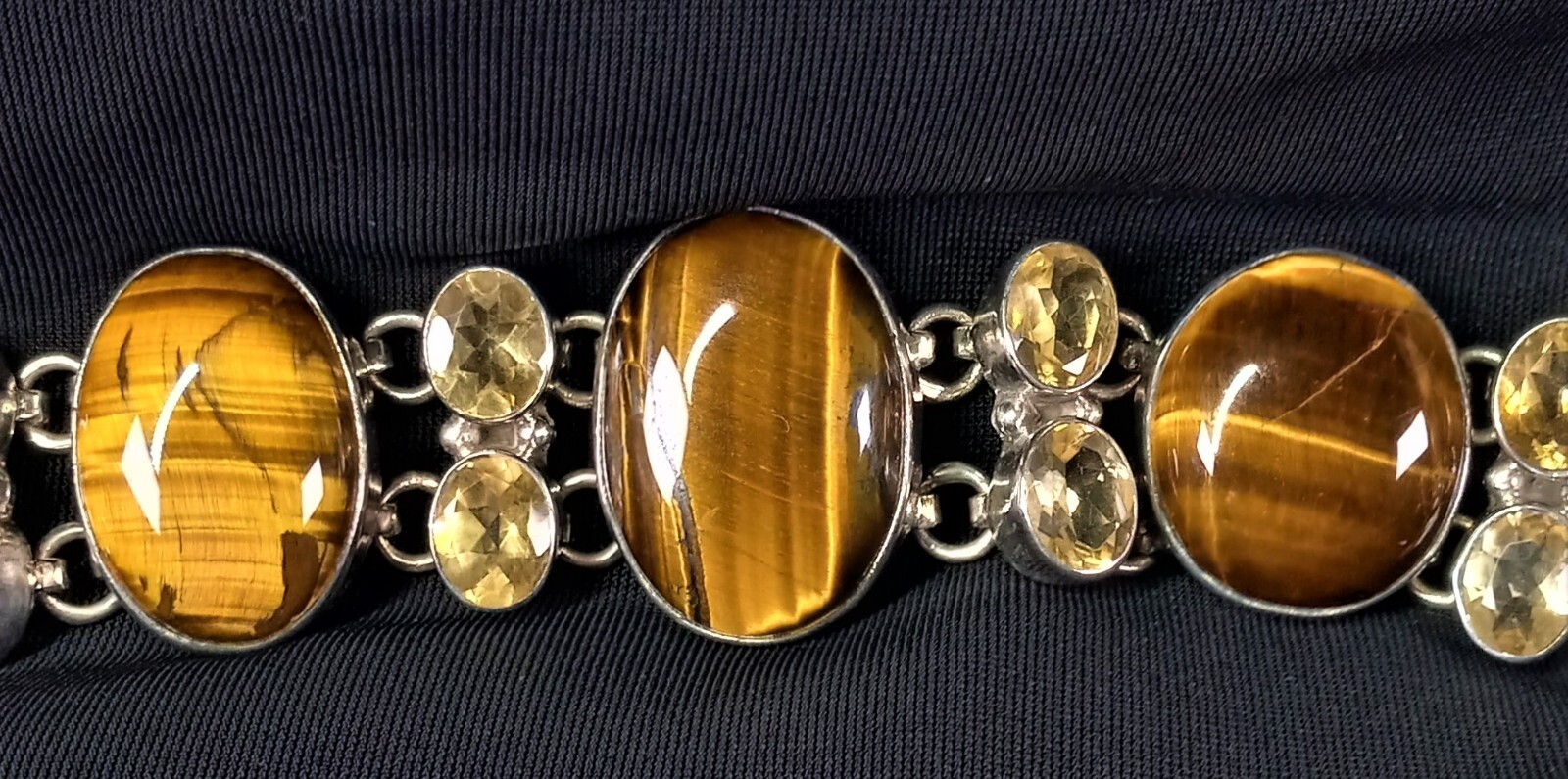 Artisan Tigers Eye Citrine Sterling Silver 925 Toggle Statement Bracelet 53 Gram