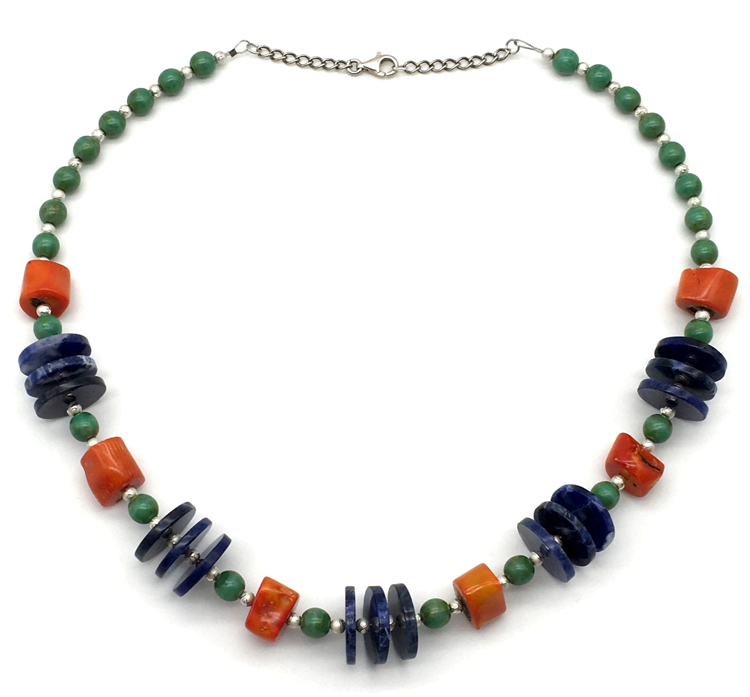 925 Lapis Discs Chalcedony Beads Coral Nuggets ST Etched Seed Beads 20″ Necklace