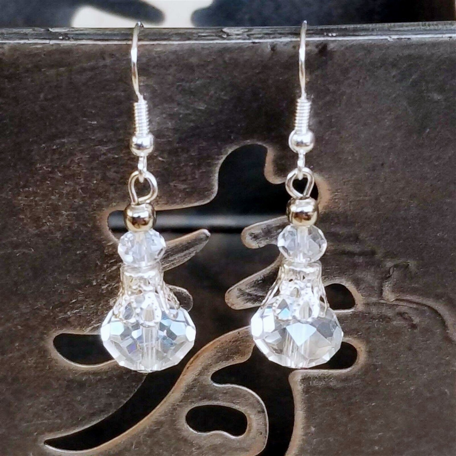 Victorian Clear Crystal Silver Filigree Basket Handcrafted Earrings