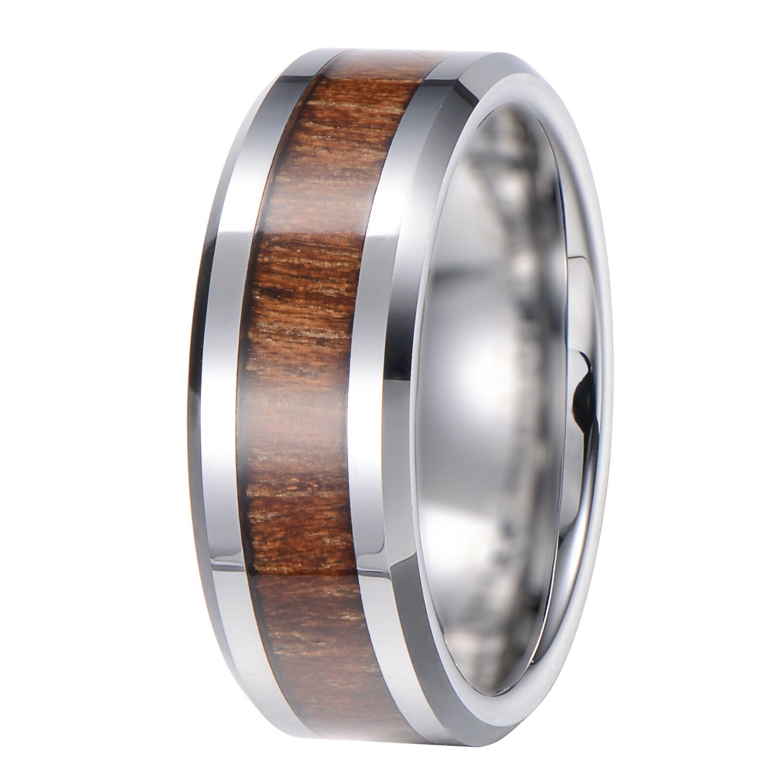 Tungsten Carbide Ring Black Silver Real Koa Wood Inlay Hawaiian Wedding Band