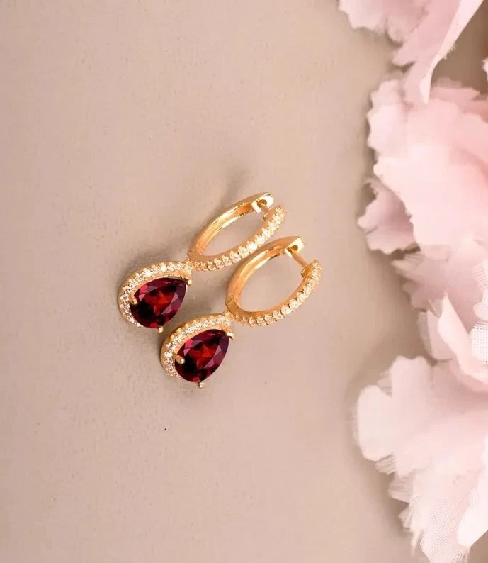 3 Ct Pear Cut Simulated Red Garnet Halo Drop Earrings In 14k Yellow Gold Plated