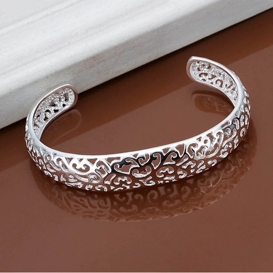 925 Sterling Silver Open Bangle Bracelet Women Round Charm Adjustable Jewelry