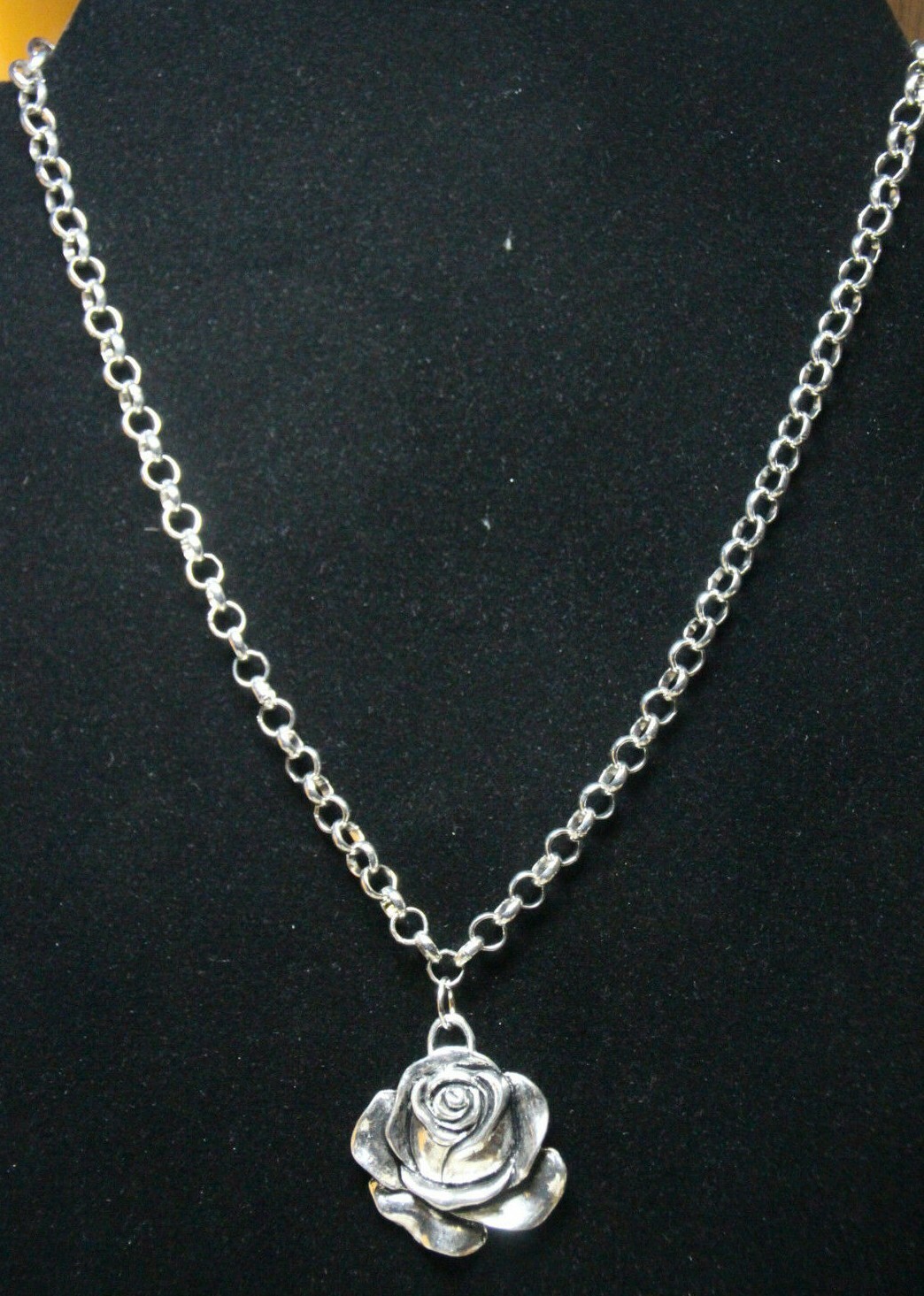 Rose Charm Pendant Pewter & Stainless Steel Chain 18″ Flower Pendant necklace