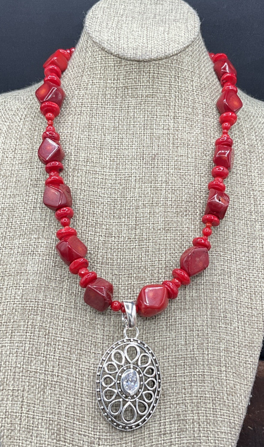 Barse July Sparkle Necklace- Bamboo Coral & Quartz Crystal- Silver- NWT