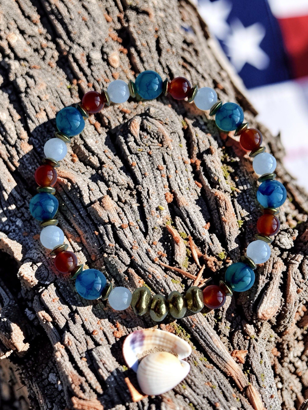 Independence Day Patriotic Stretch Gemstone Bracelet, With Solid Brass Nuggets