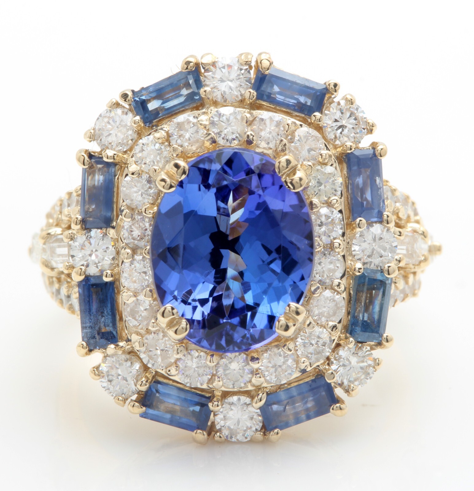 6.80 Carat Natural Blue Tanzanite and Diamonds in 14K Solid Yellow Gold Ring