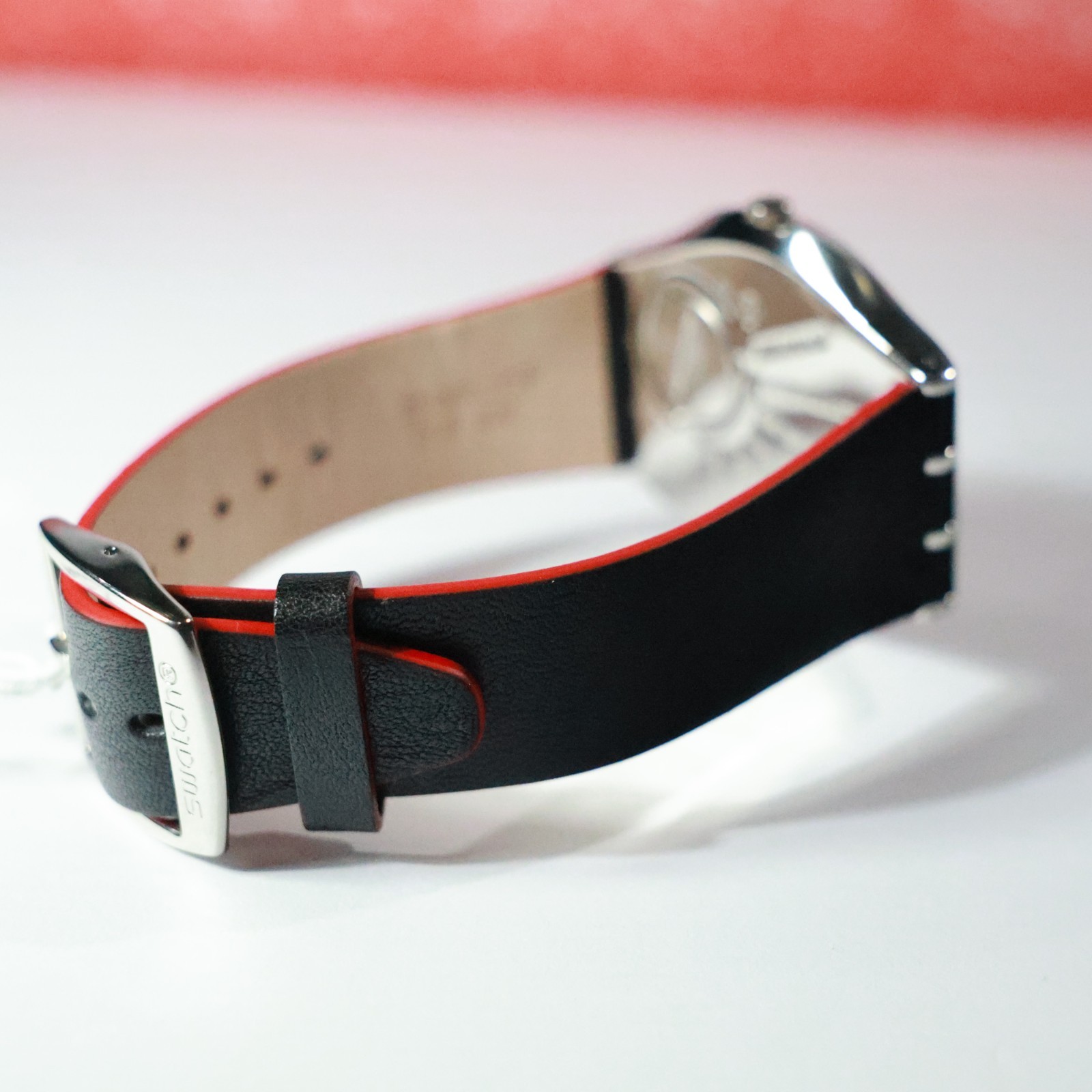 New Swiss Made SWATCH IRONY SKINMETAL 42MM Silver Black Red Leather SS07S104