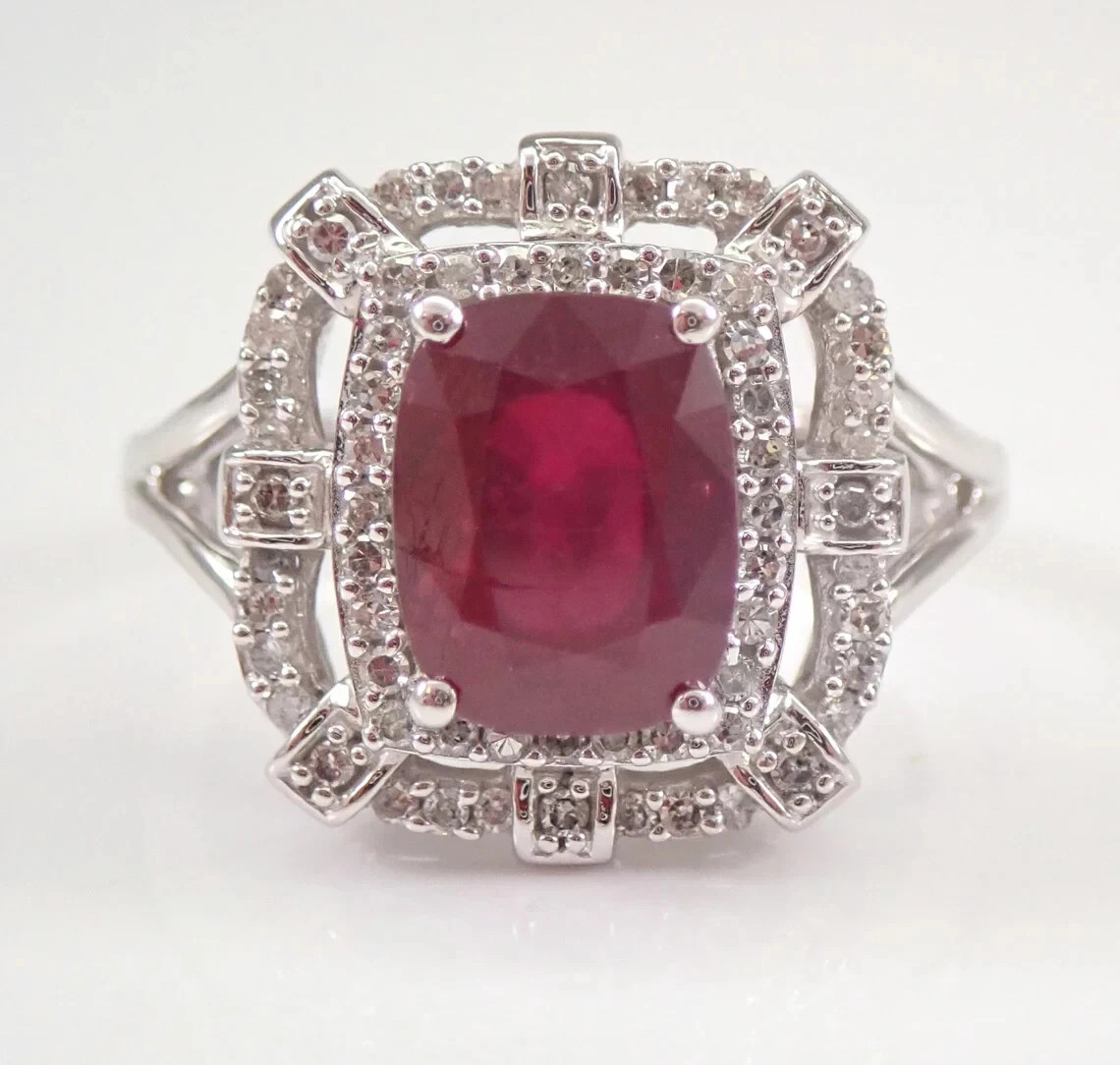 4.72 Ct Cushion Cut Natural Ruby Diamond Engagement Ring 14K Solid White Gold 6