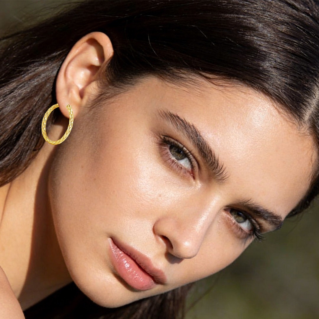 14K Gold Earrings for Women Weave Design Hoop Earrings Classic Earring 30MM