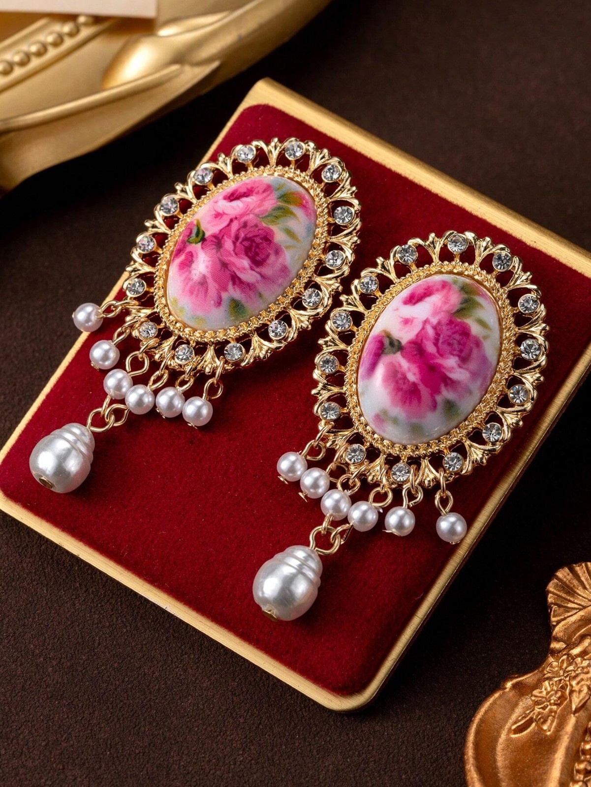 Vintage Floral Cameo Pearl Dangle Earrings Gold Rhinestone Statement Jewelry