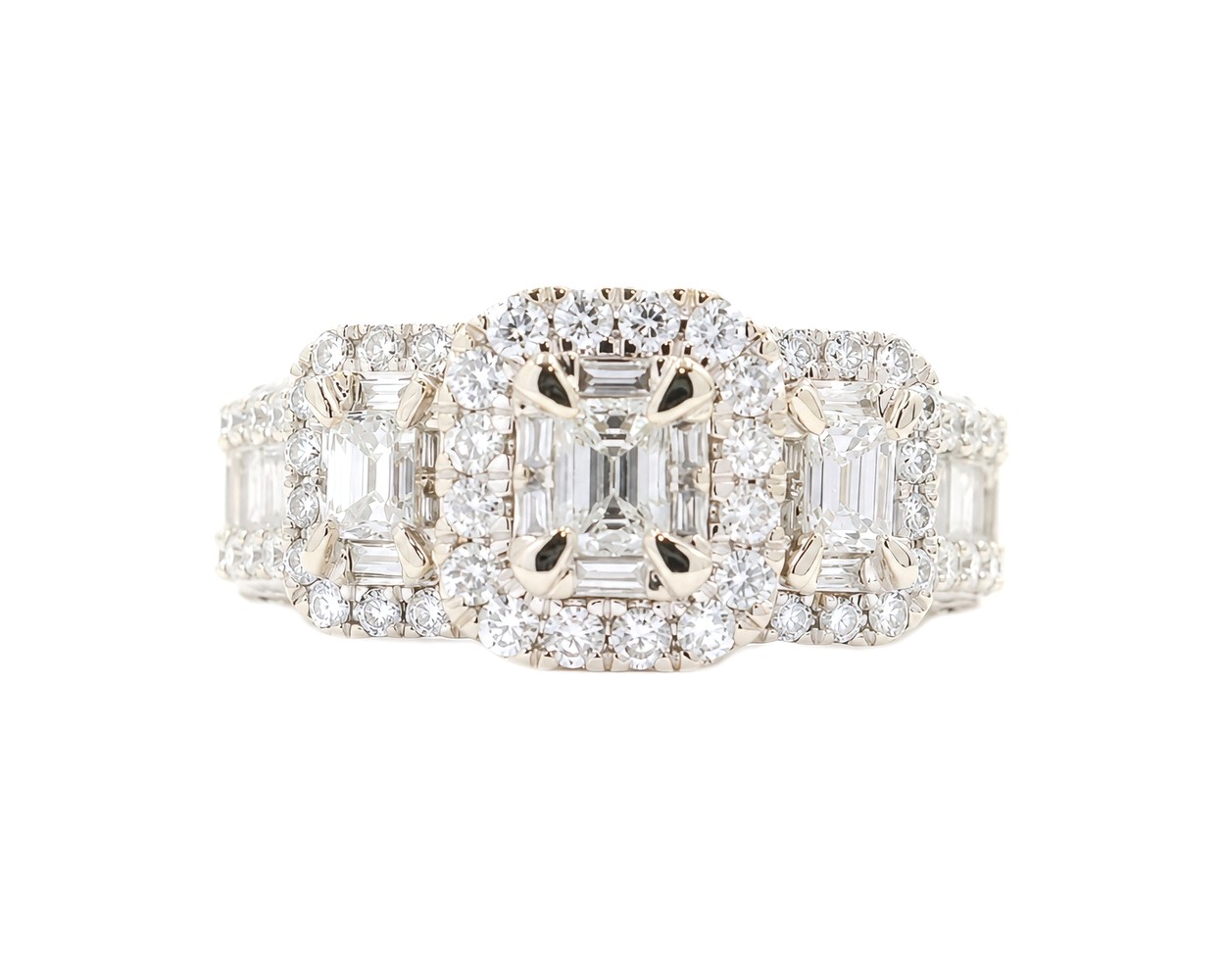 2.65 ctw Emerald, Baguette, & Round Double Halo 14KT White Gold Engagement Ring