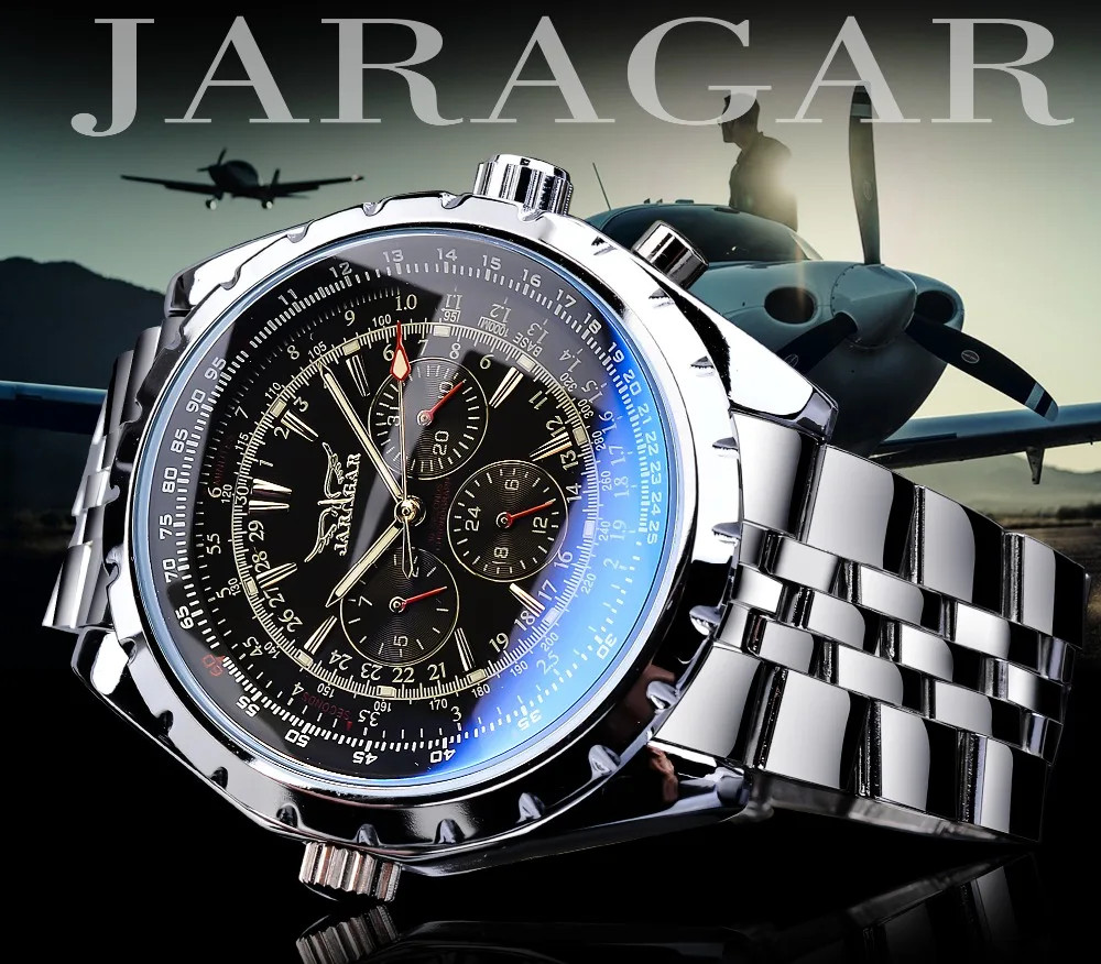 Jaragar Blue Glass Design Black Silver Automatic Watch Stainless Steel Date…