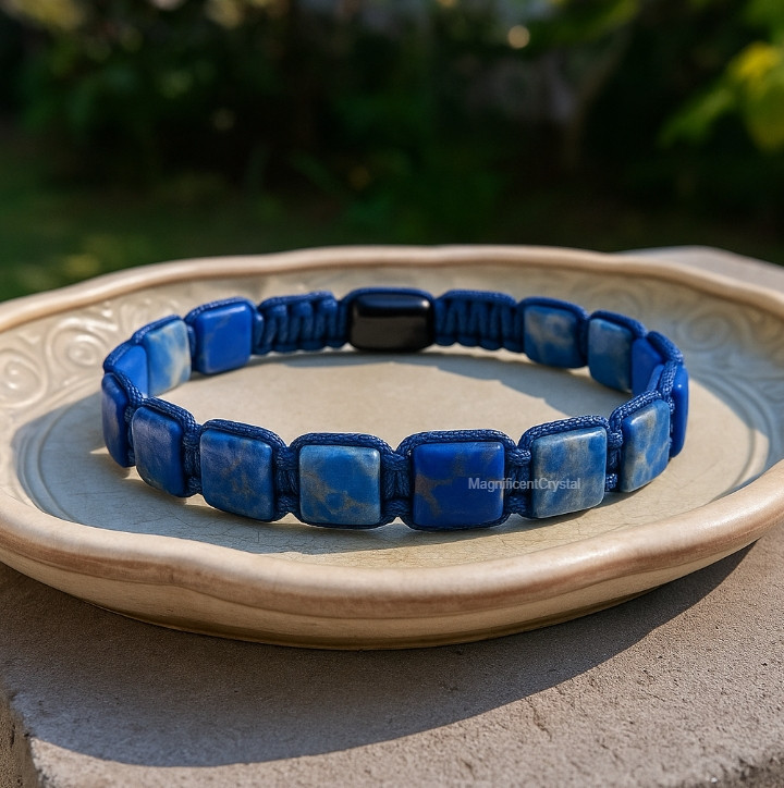 Lapis Lazuli Black Onyx Bracelet Men Square Beads Protection Blue Stone Jewelry