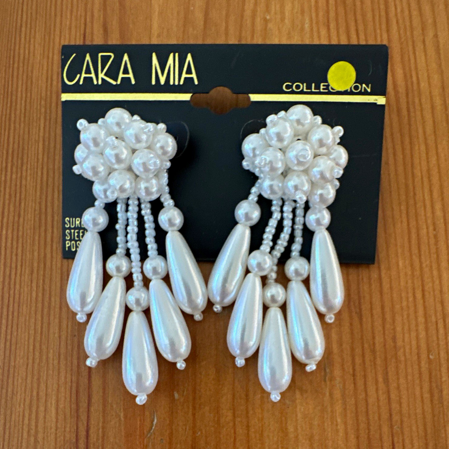 CARA MIA White Imitation Pearl Chandelier Dangle Earrings Surgical Steel Posts