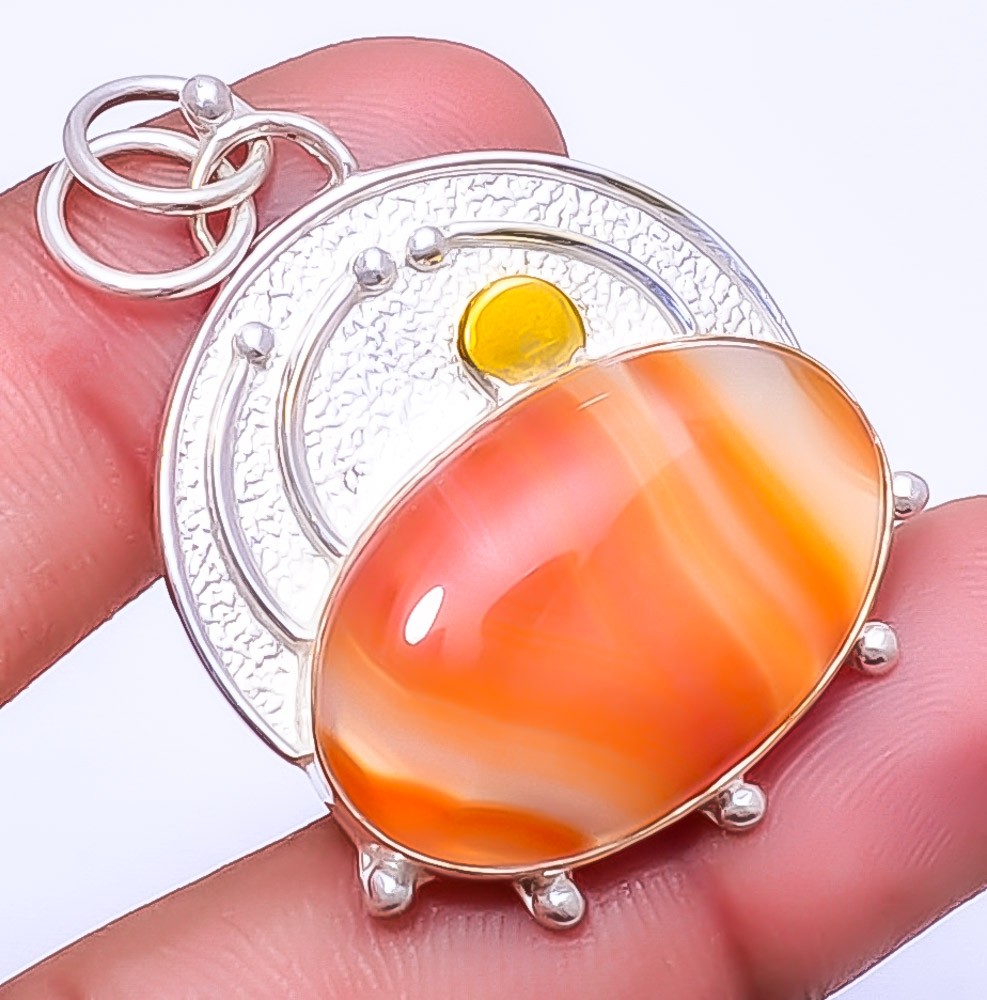 Orange Banded Agate 925 Sterling Silver Pendant 1.72″ P454, Christmas Gift