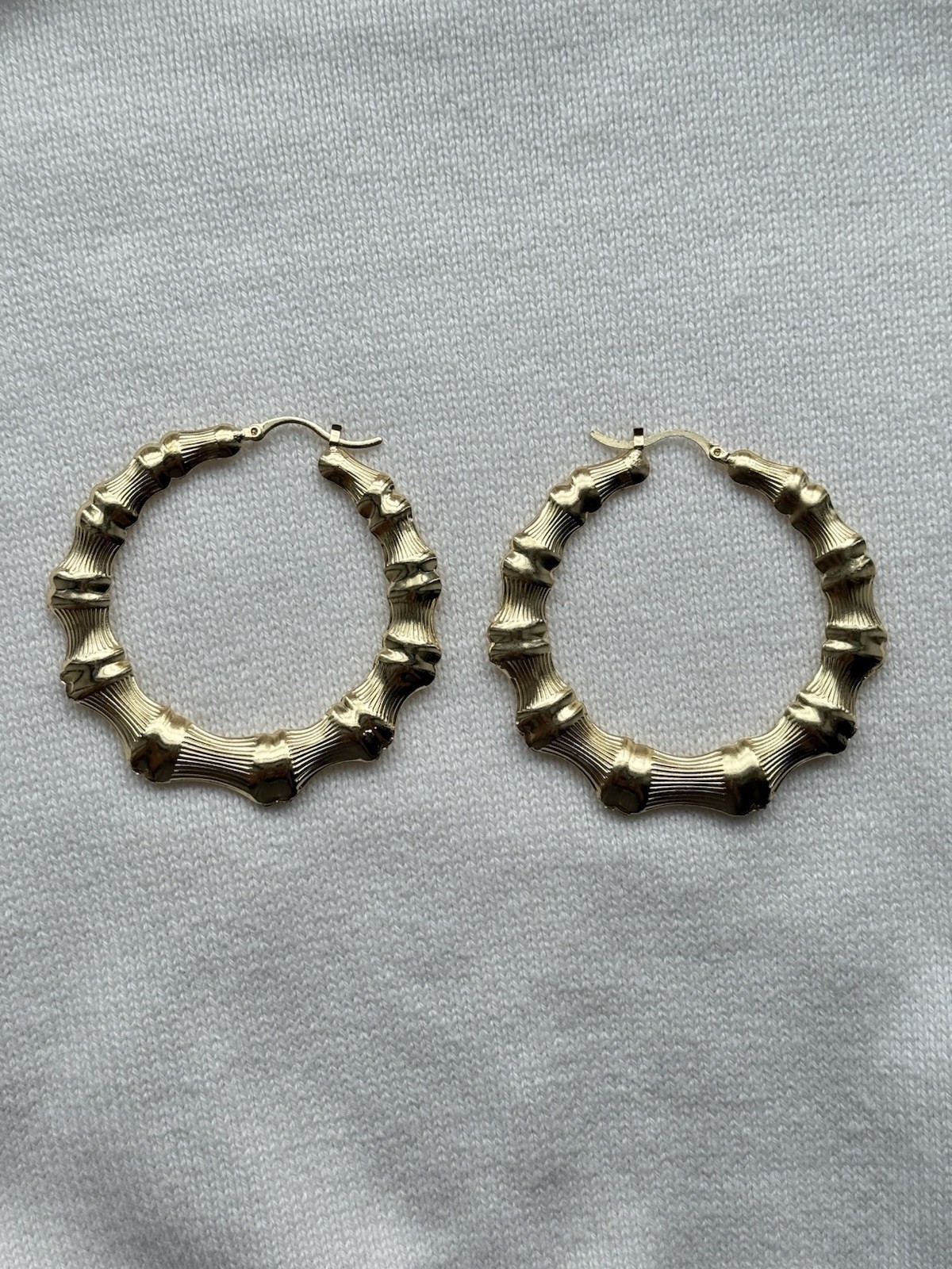 Gold Plated Textured Bamboo Style Round Hoop Earrings Latch Back No Stone