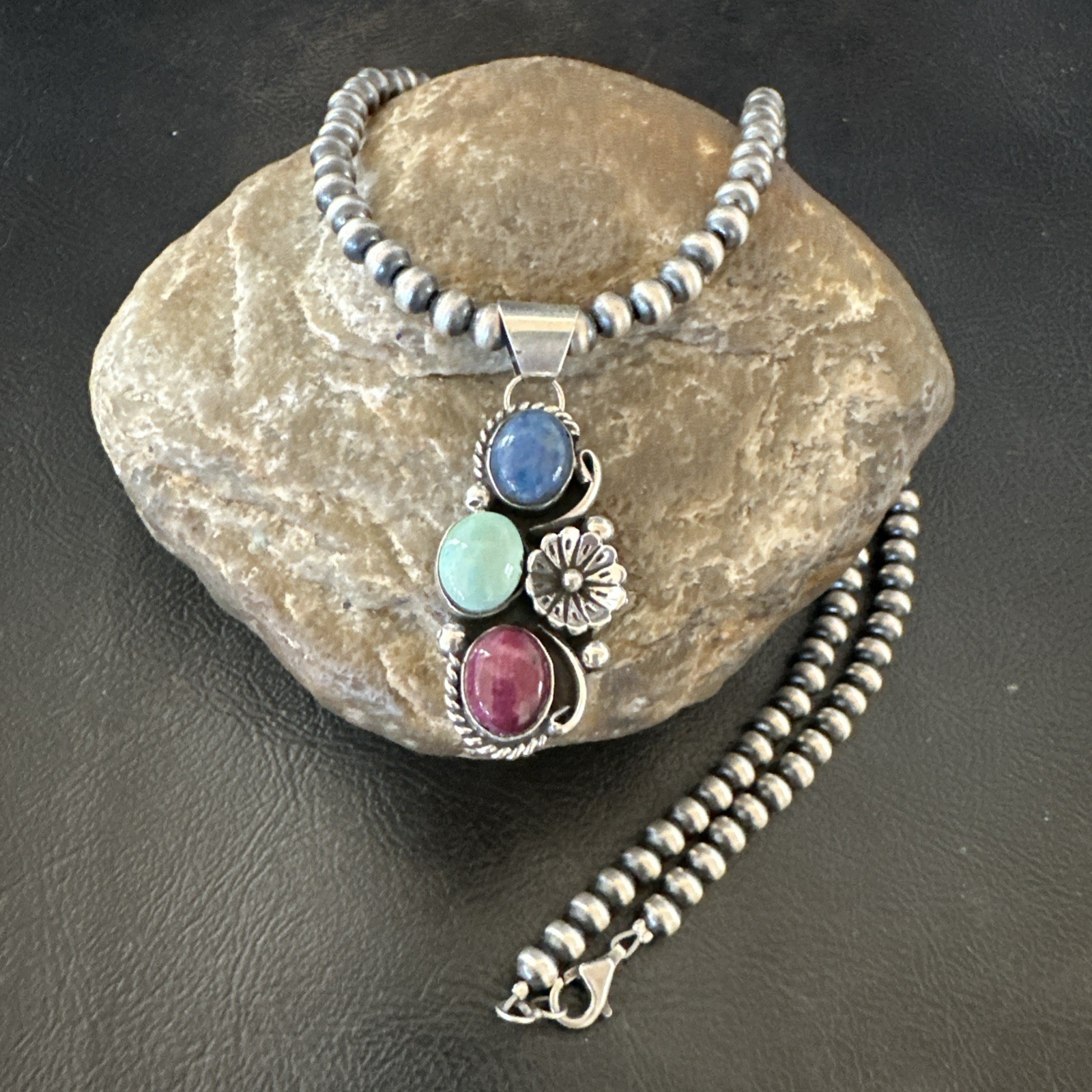 Multicolor Turquoise Spiny Navajo Sterling Silver Cluster Pendant Necklace 19313