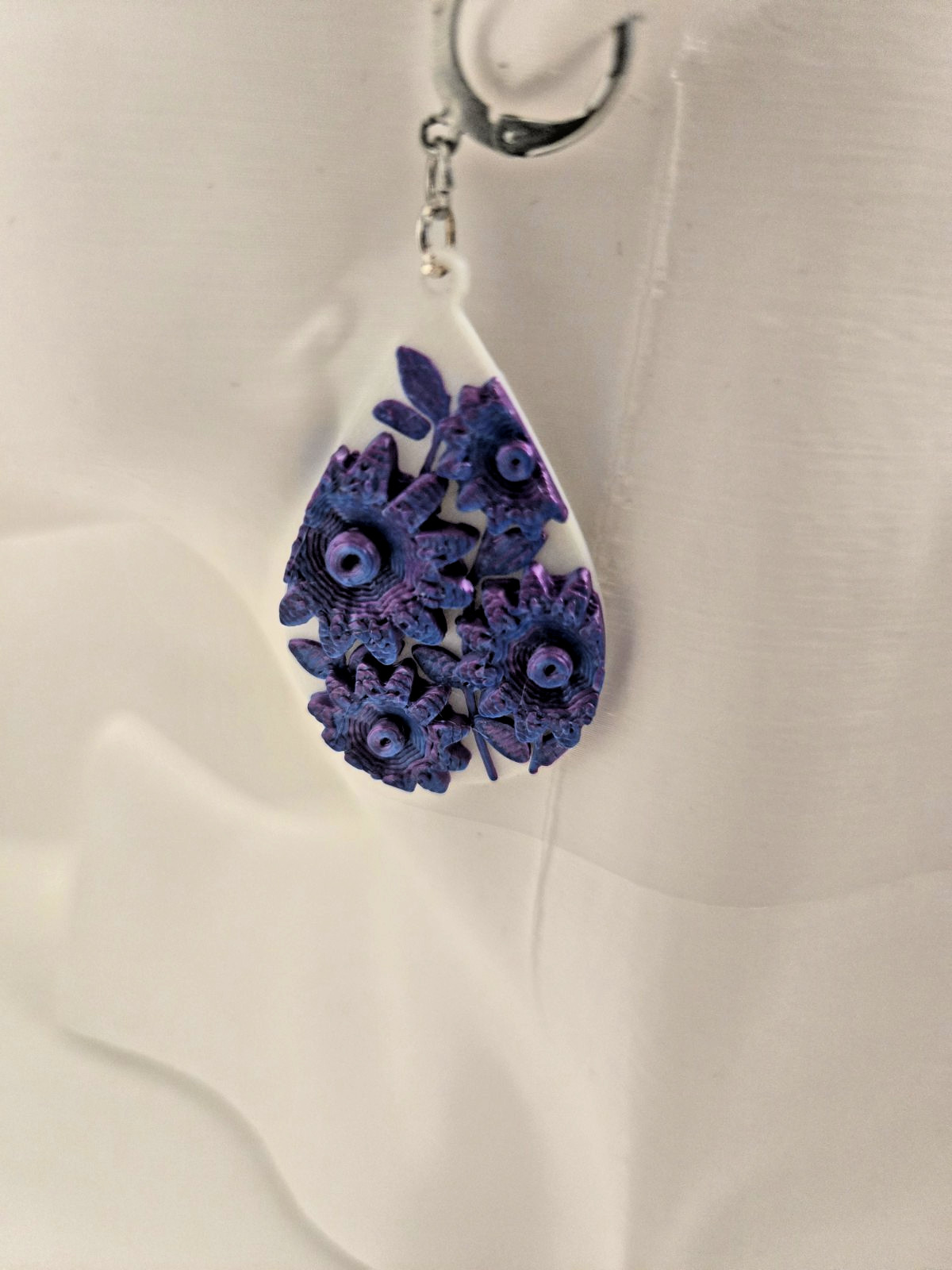 Purple Flower Earrings 3D Print Stainless Steel Lever Back Tear Drop Dangle