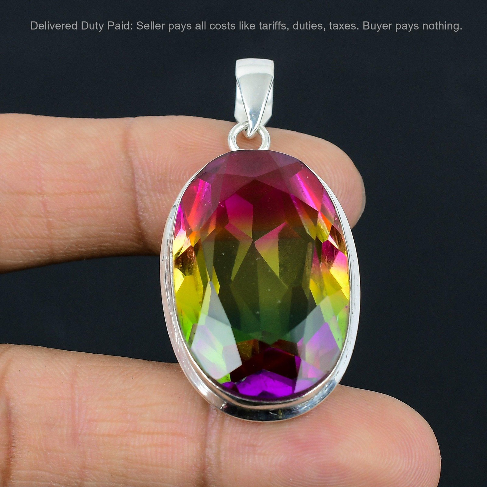925 Silver Oval Multi Tourmaline Gemstone Elegant Mother Engagement Boho Pendant