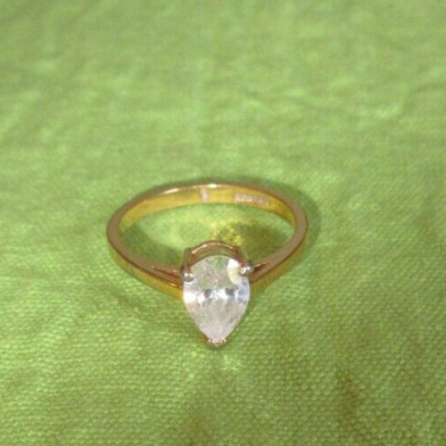 Tear Drop Gold Colored Ring Marked Korea Size 8 Clear Stone