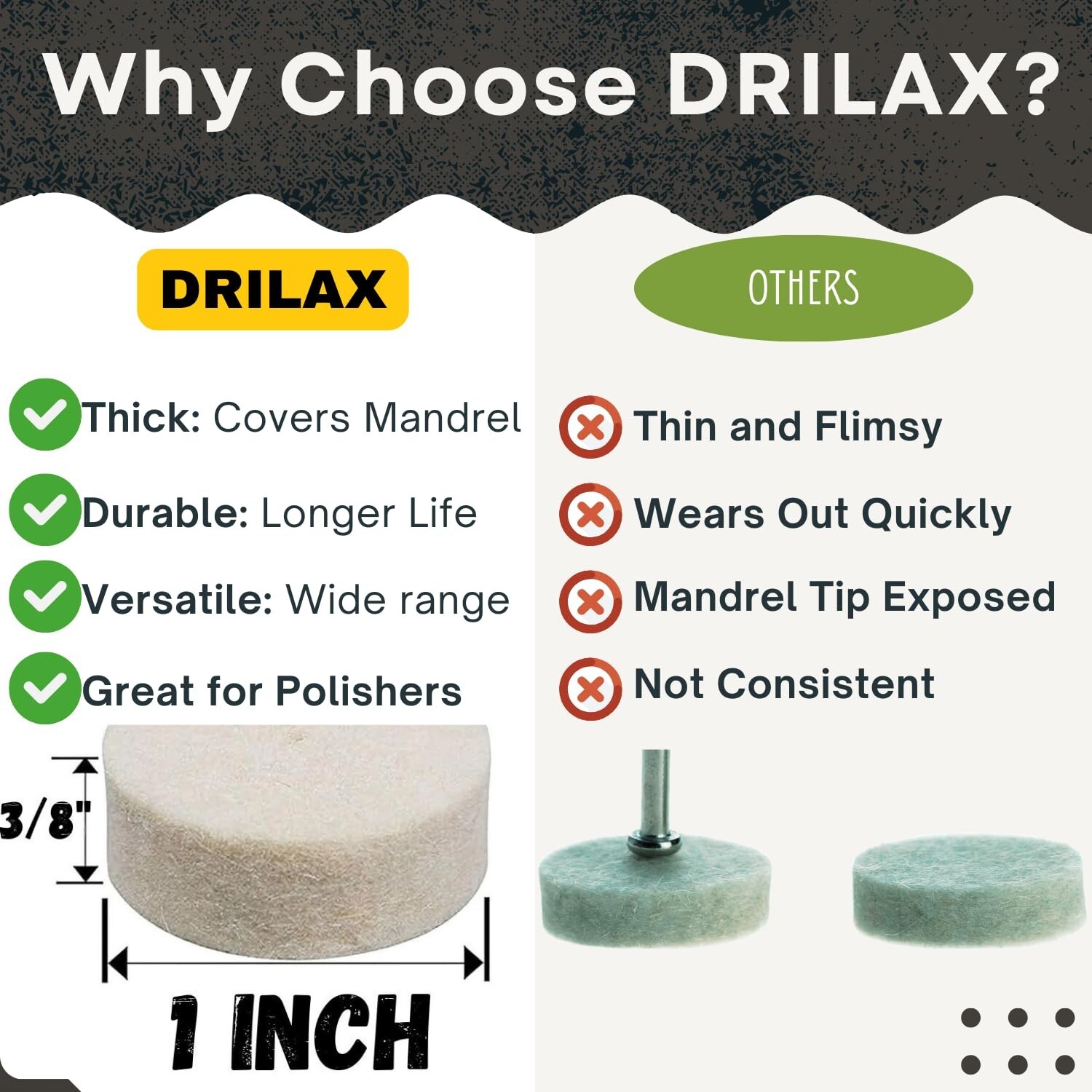 DRILAX 100 Pcs Wool Felt Buffing Polishing Wheels Compatible with Dremel 1 inch