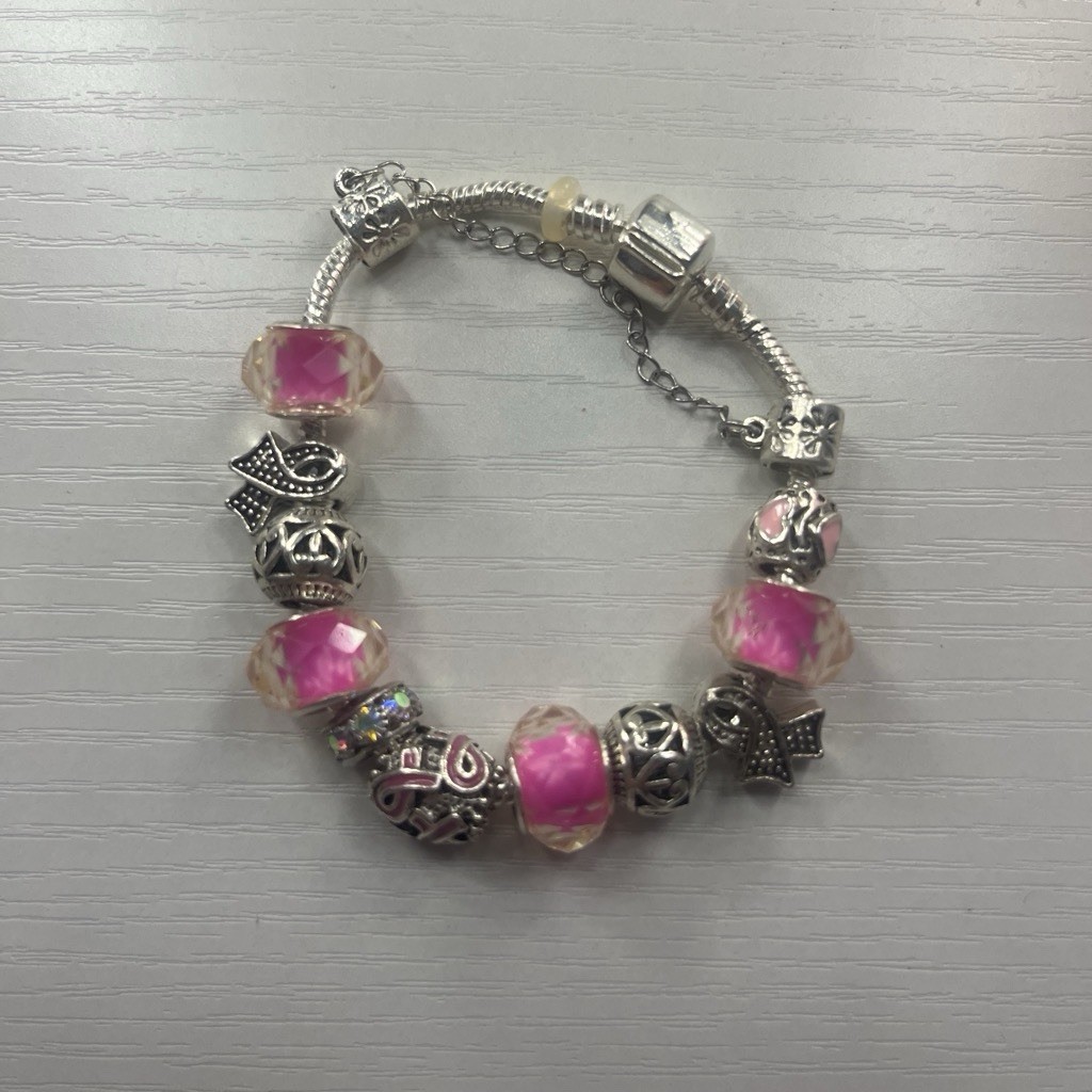 Silver Tone Snake Chain Charm Bracelet Pink Round Glass Bead Charms Adjustable