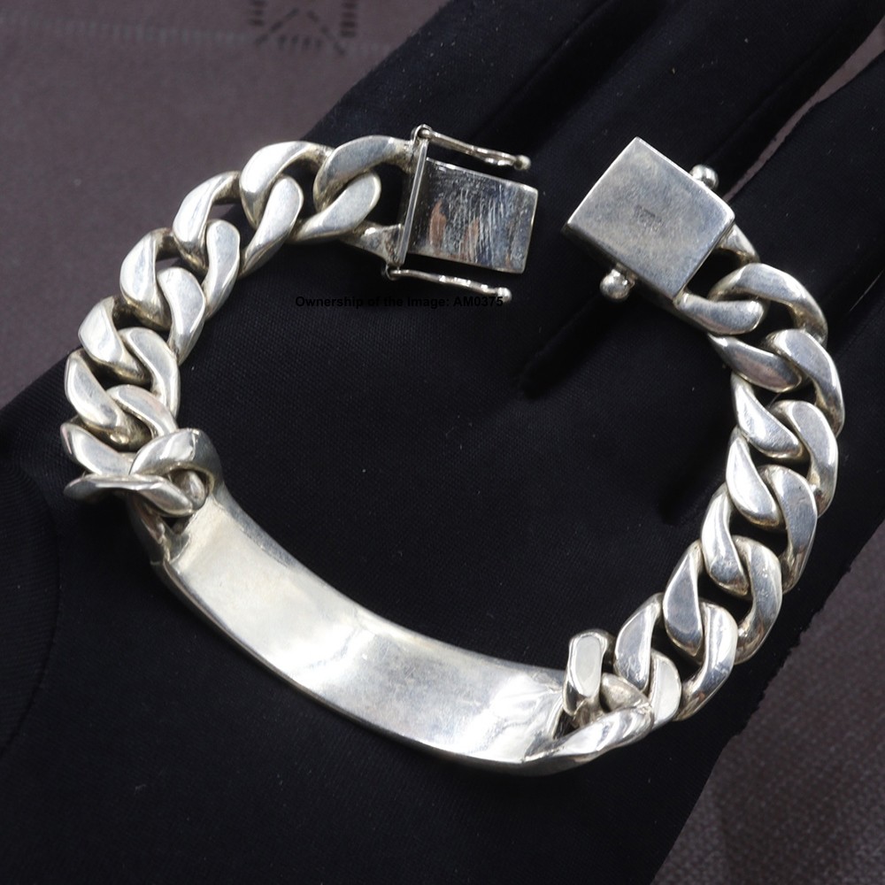 Solid 925 Sterling Silver Curb Link Bracelet W/ Plain Long Plate Bangle 7.9inch