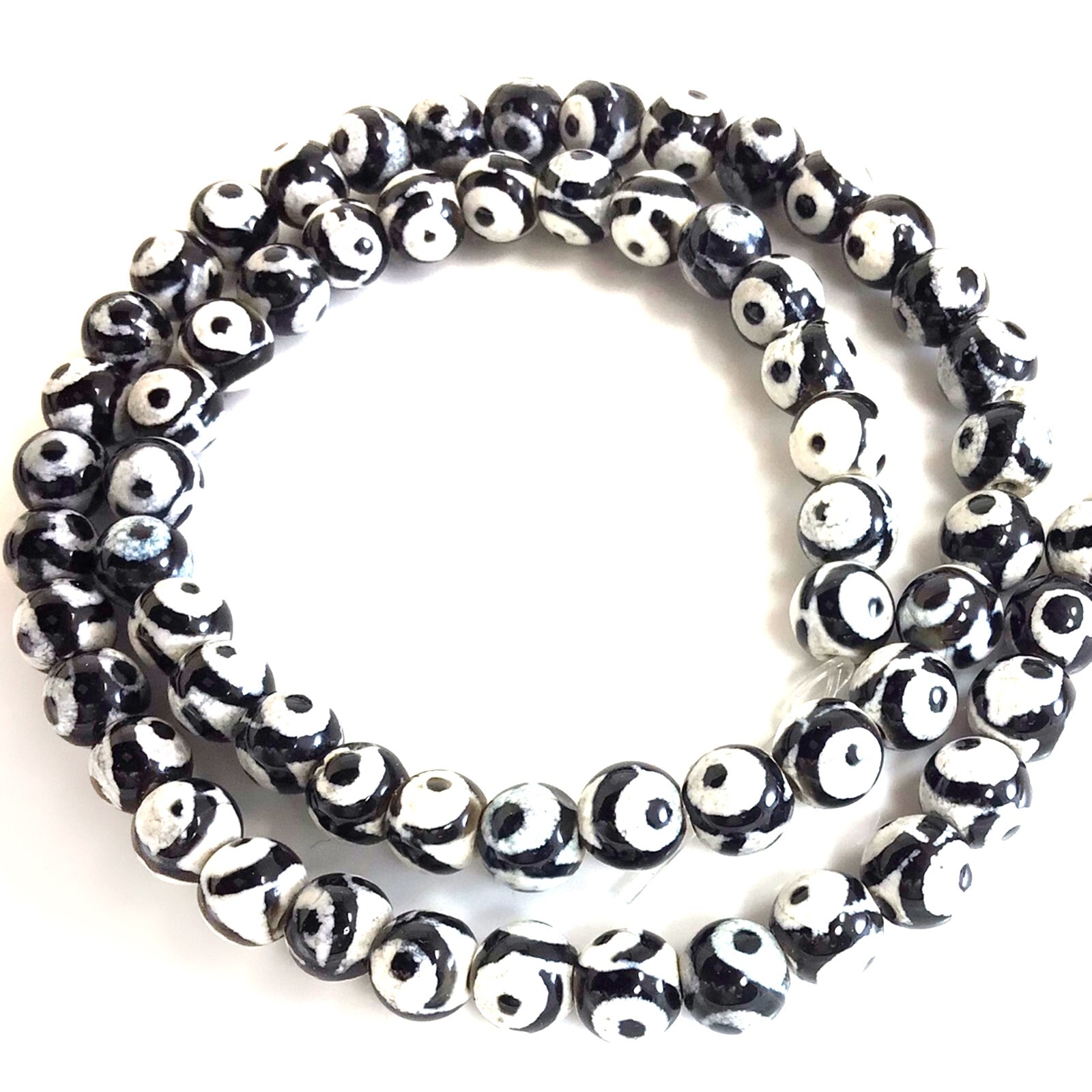 Evil Eye Dzi Black White Tibetan DZI Agate Smooth Round Beads 15″ 6mm 8mm 10mm