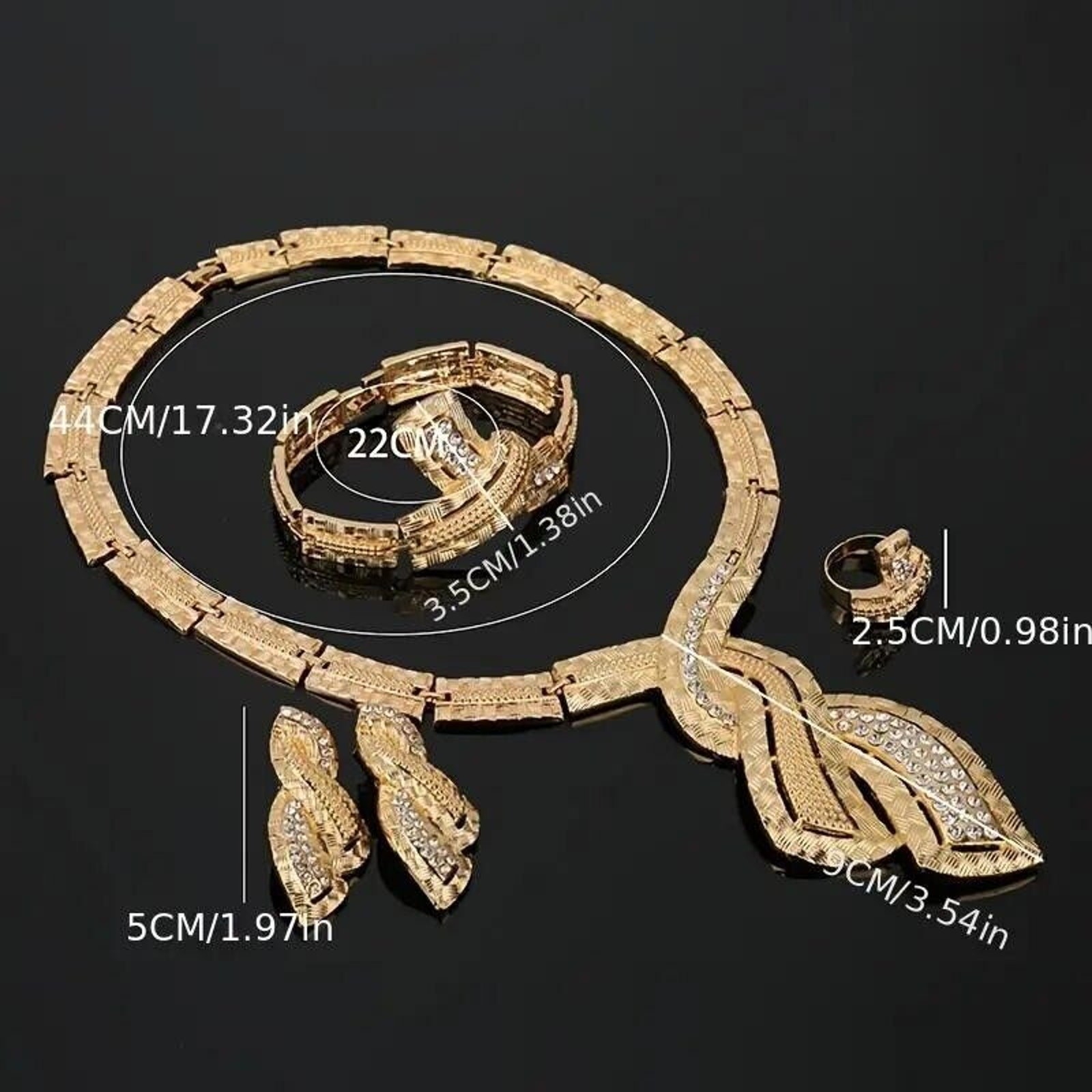 Traditional Rhinestone Bridal Set • Earrings-Necklace-Bracelet-Ring • Gold Tone
