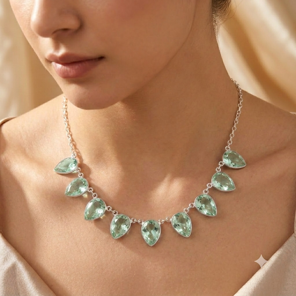 925 Sterling Silver Green Amethyst Gemstone Handmade Jewelry Necklace Size-18
