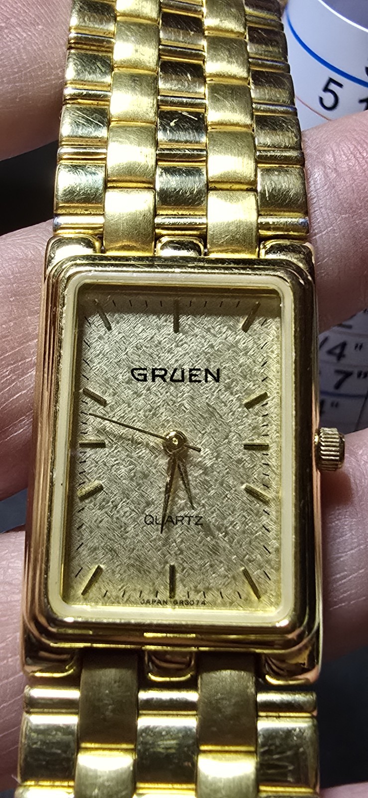 Gruen Gold Tone Quartz Watch Rectangle Case Metal Band Analog Stick Indexes