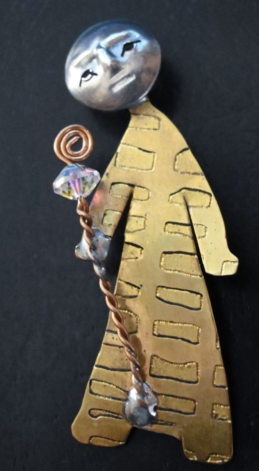 R.L. Thomas Signed 1994 Mixed Metal Figural Brooch Brass Copper Crystal Art Pin
