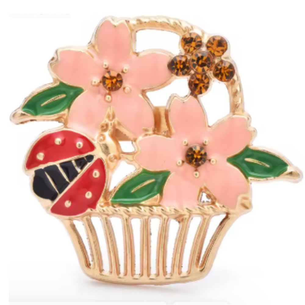 Easter Spring Ladybug Flower Basket Brooch Sparkling Rhinestone Pin Jewelry Gift